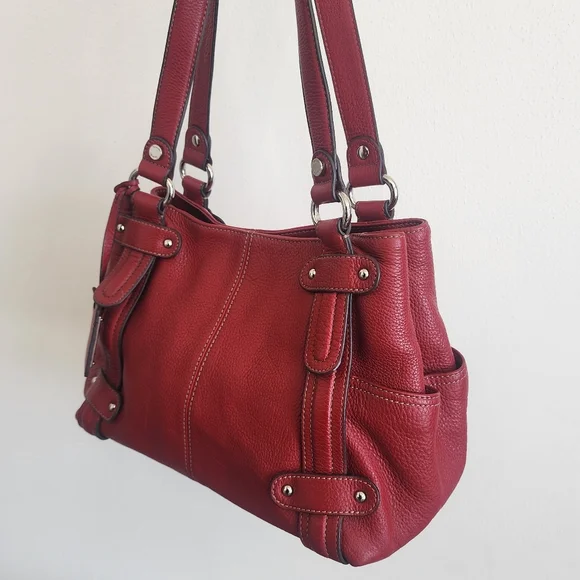 Tignanello Red Pebbled Leather Tote Shoulder Bag Silver Hardware Excellent Cond - Picture 8 of 13